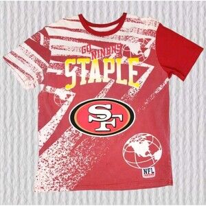 Vtg Y2K NFL San Francisco 49ers AOP T Shirt Mens MED Red Niners Football